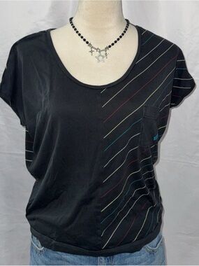 Volcom Black Short Sleeve Scoop Neck Tee with Multicolor Diagonal Stripes